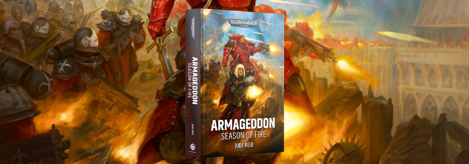 Book cover of "Armageddon: Season of Fire" by Jude Reid. It features a red-armored warrior holding a weapon amidst a fiery, battle-filled background. The tone is intense and dramatic.