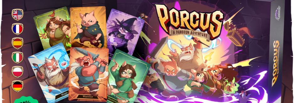 Colorful illustration of the board game 'Porcus: A Dungeon Adventure'. Features cartoon animal characters on playing cards, including a warrior, mage, and other avatars