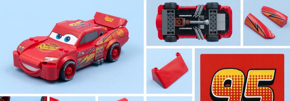Collage featuring a red LEGO race car with expressive eyes, the number 95, and multiple parts like wheels and decals on a light blue background.
