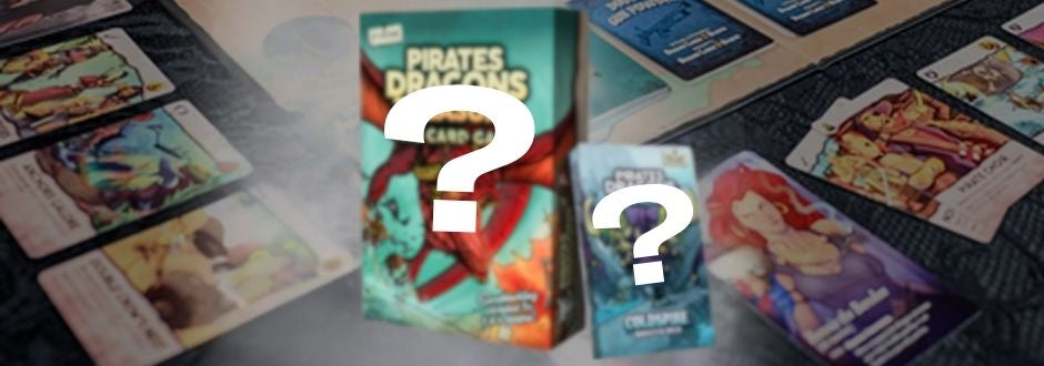 Colorful card game boxes and cards with fantasy themes, including pirates and dragons, displayed on a table. Each box shows a question mark overlay.