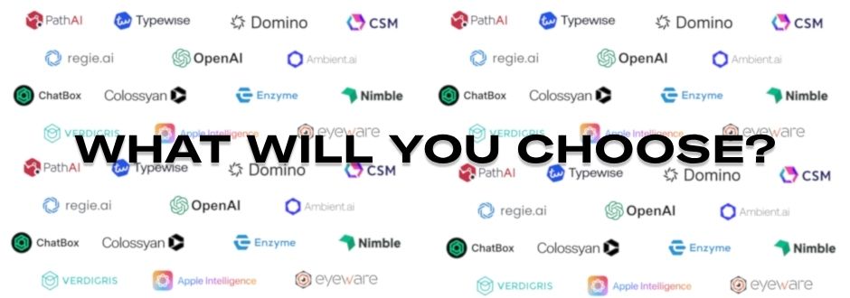 Text "WHAT WILL YOU CHOOSE?" is overlaid on a collage of tech company logos, including OpenAI and Nimble. The image suggests a choice among these options.