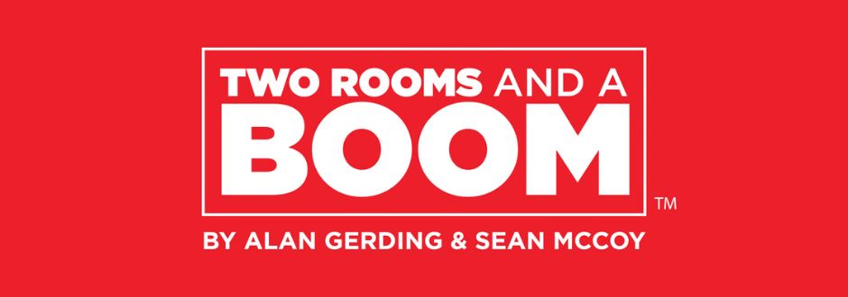 Red background with bold white text reading "Two Rooms and a Boom" by Alan Gerding & Sean McCoy. The design is vibrant and eye-catching.