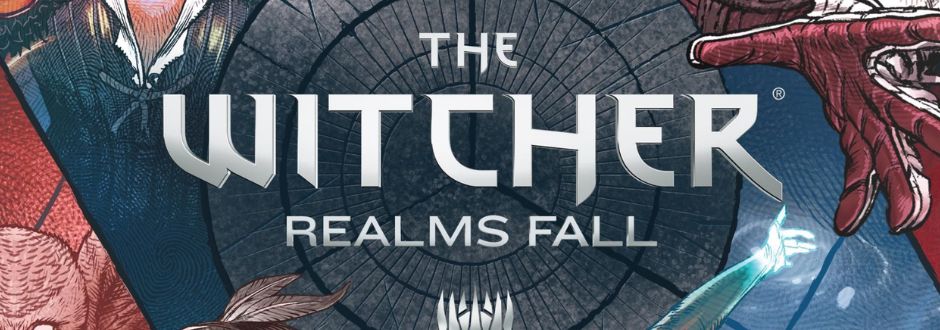Comic book cover titled 'The Witcher: Realms Fall' with an intricate, dark fantasy design. Features a web-like background and dynamic, dramatic figures