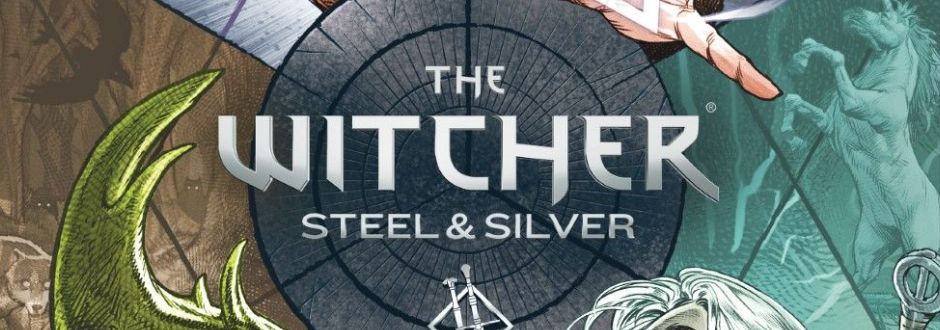 The image features the title "The Witcher: Steel & Silver" set against a detailed collage of fantasy characters and creatures, evoking an adventurous and mystical tone.